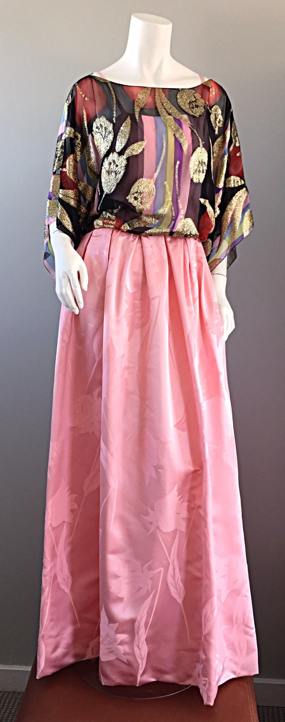 Exquisite Vintage Bohemian Pink Gown w/ Colorful Silk Gold Tulip Overlay 3