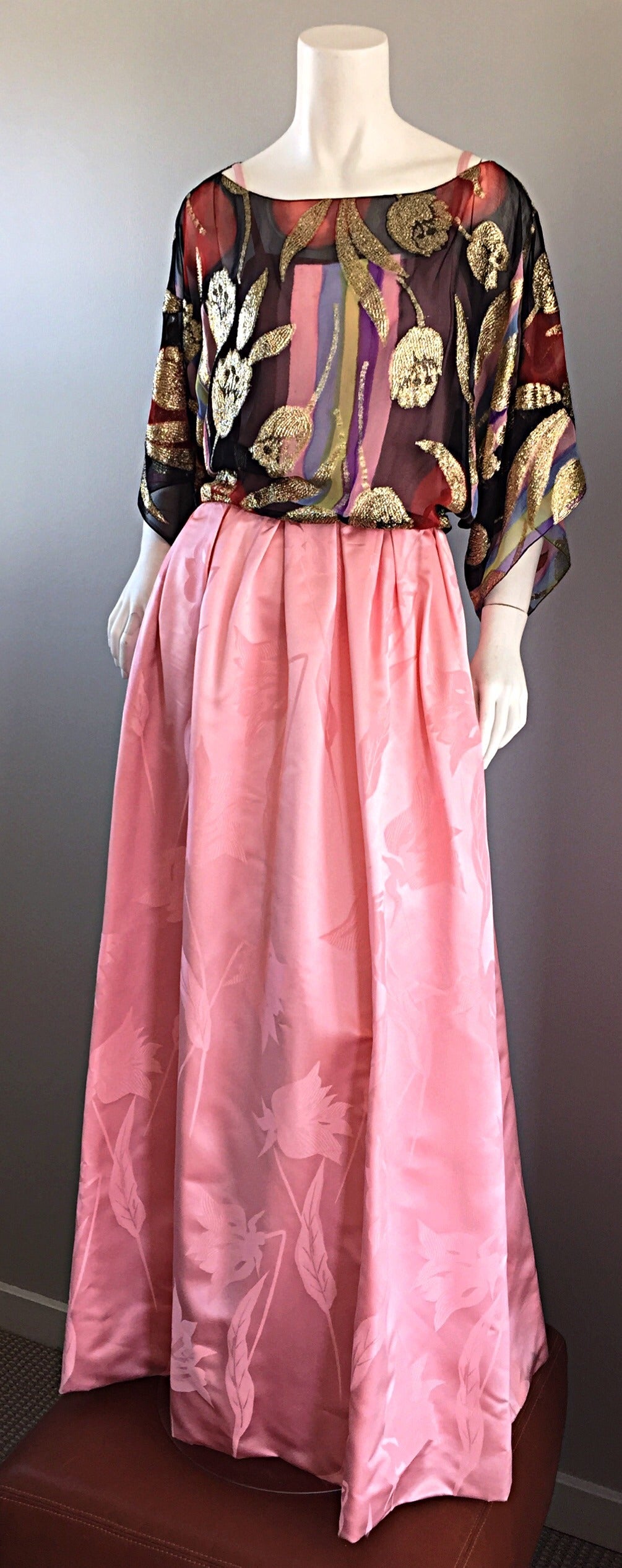 Exquisite Vintage Bohemian Pink Gown w/ Colorful Silk Gold Tulip Overlay 4