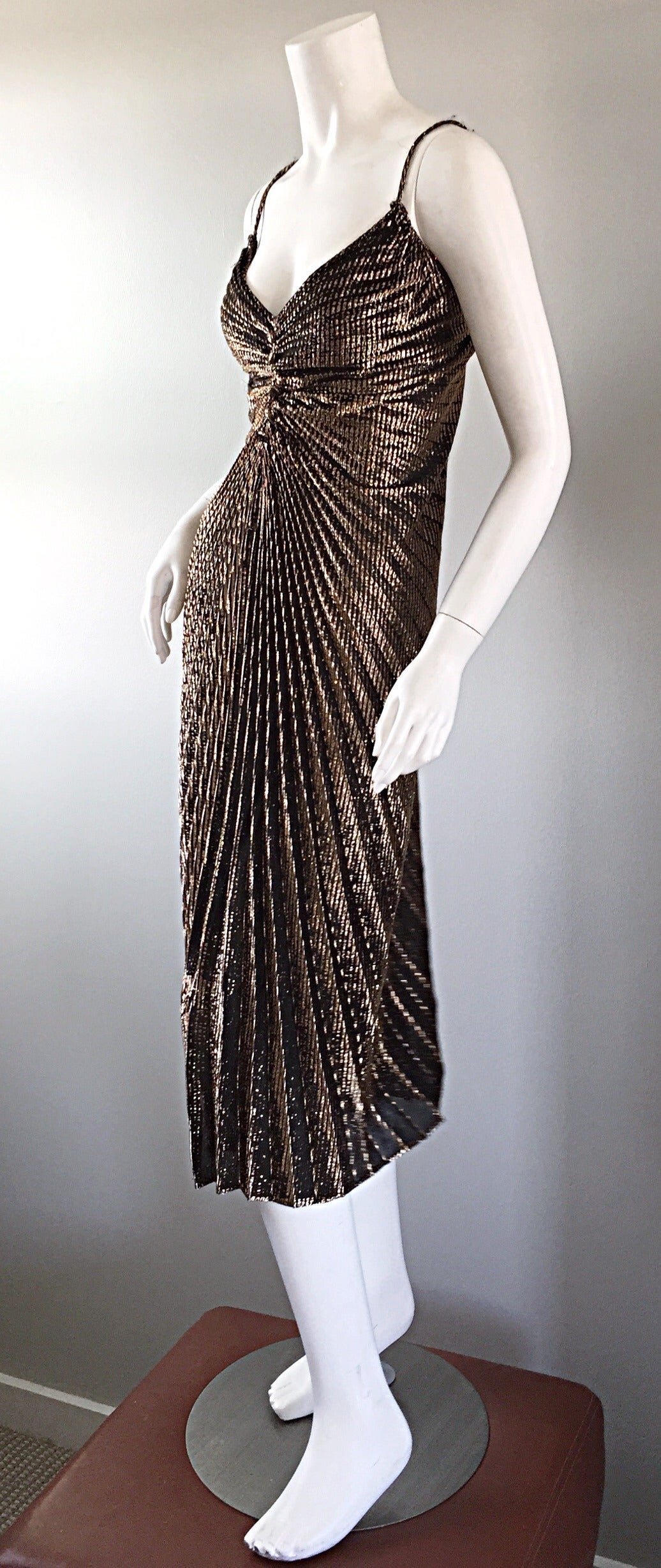 Sexy 1970s 70s Metallic Bronze Pleated Vintage Disco Dress In Excellent Condition In San Diego, CA