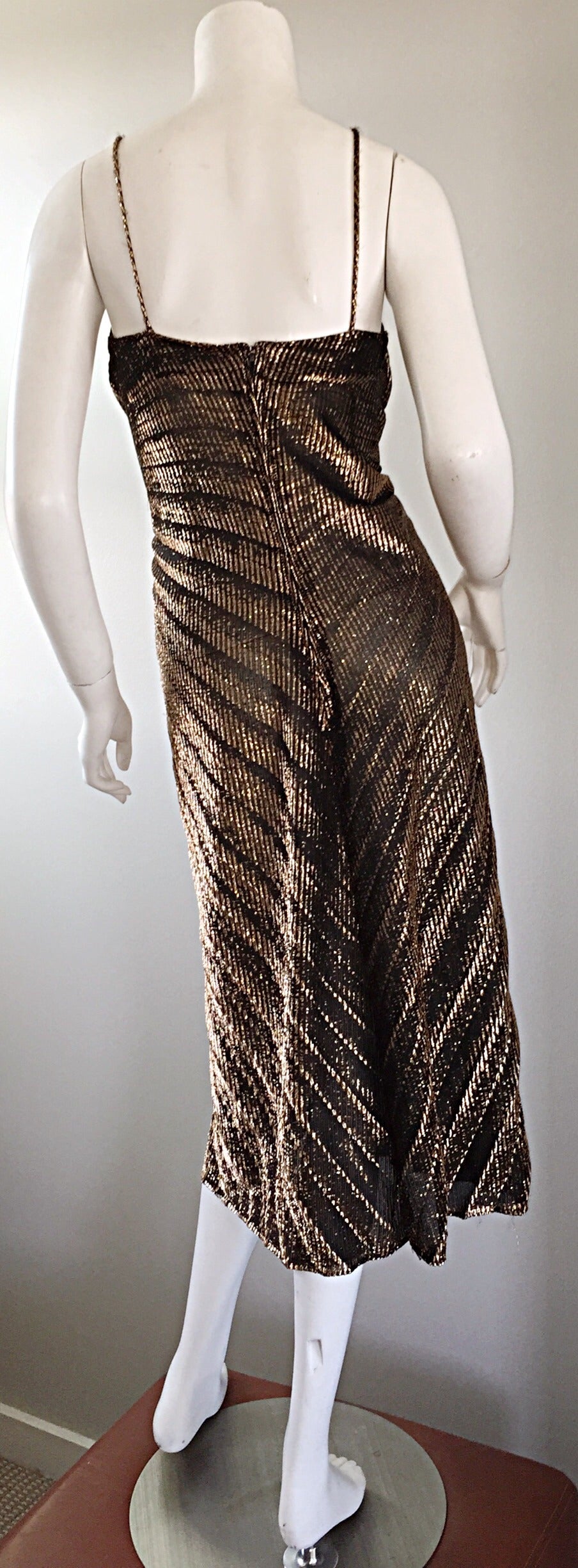 Women's Sexy 1970s 70s Metallic Bronze Pleated Vintage Disco Dress