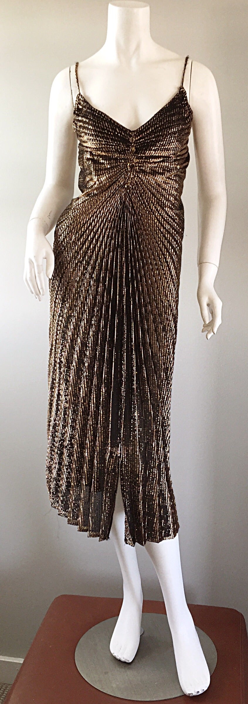 Sexy 1970s 70s Metallic Bronze Pleated Vintage Disco Dress 1