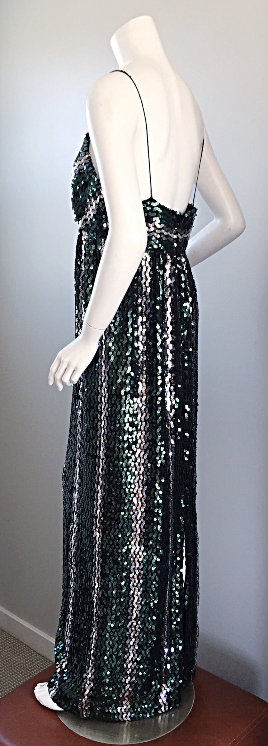 Vintage Lillie Rubin Green + Silver Sequins Sexy 1970s 70s Disco Dress In Excellent Condition In San Diego, CA