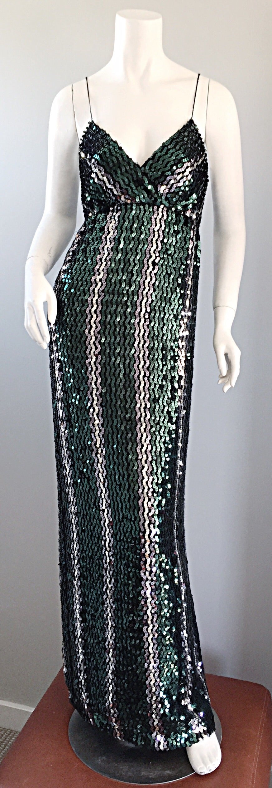 Women's Vintage Lillie Rubin Green + Silver Sequins Sexy 1970s 70s Disco Dress