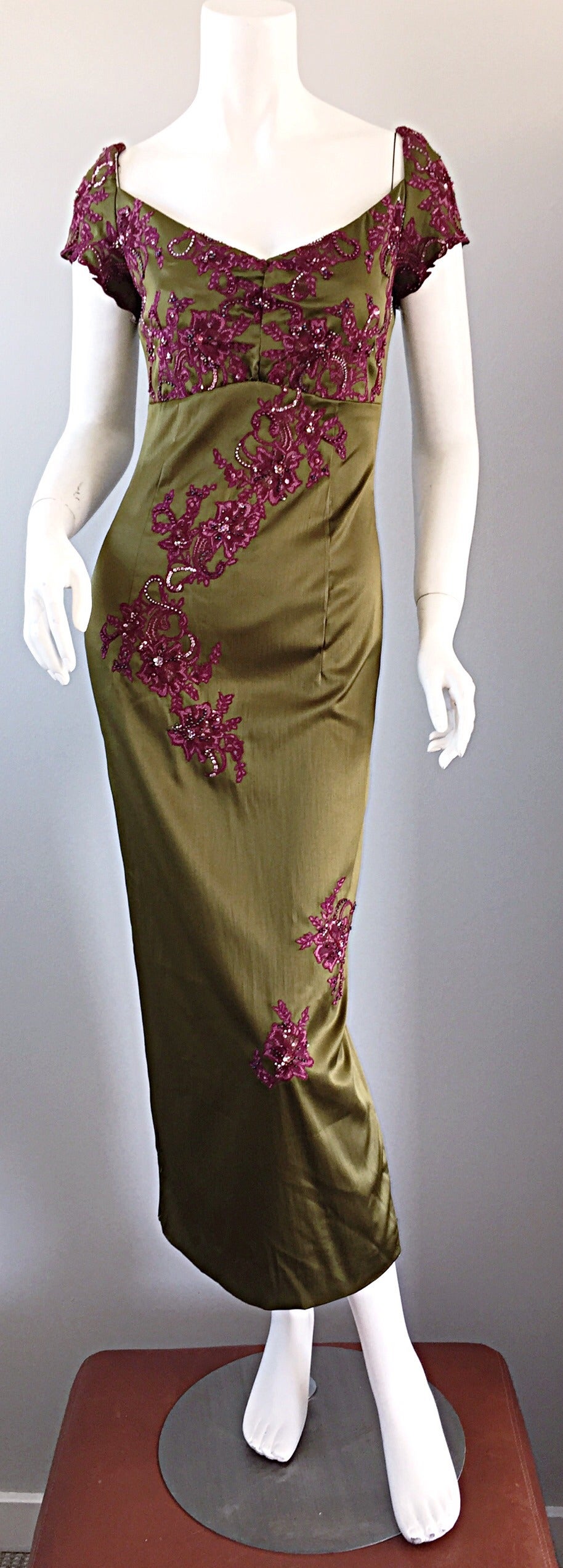 Drop dead gorgeous Mandalay dress! Rich chartreuse / olive green color, mixed with a beautiful purple merlot. Lace work and beading throughout the entire dress. Extremely well made--retailed for over $2,300! Elastic at sleeves, so can fit a variety