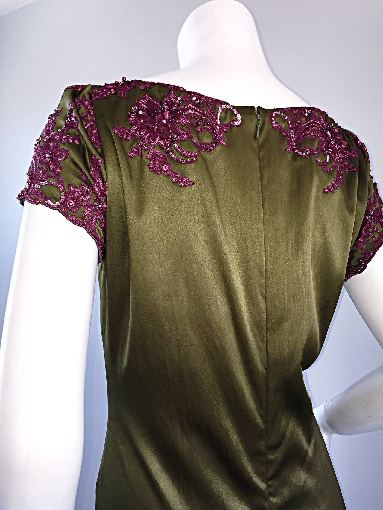 Women's Beautiful Mandalay Chartreuse Merlot Sz 6 Silk Bombshell Dress w/ Beading & Lace