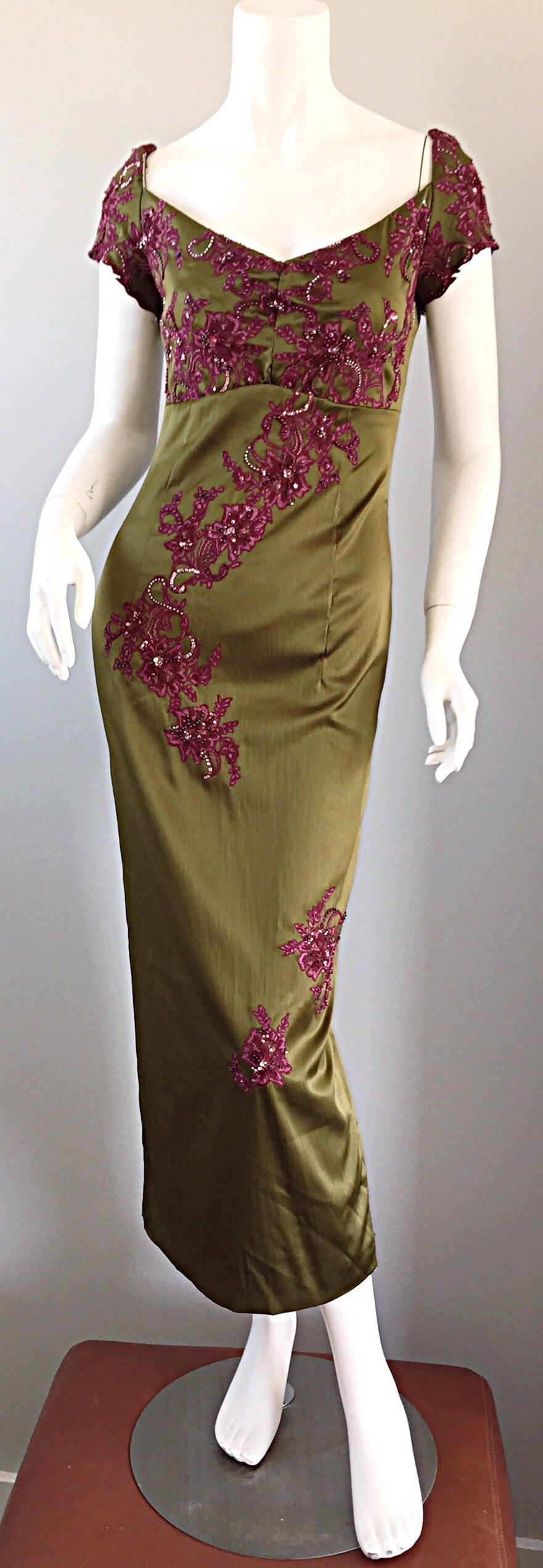 Beautiful Mandalay Chartreuse Merlot Sz 6 Silk Bombshell Dress w/ Beading & Lace For Sale 1