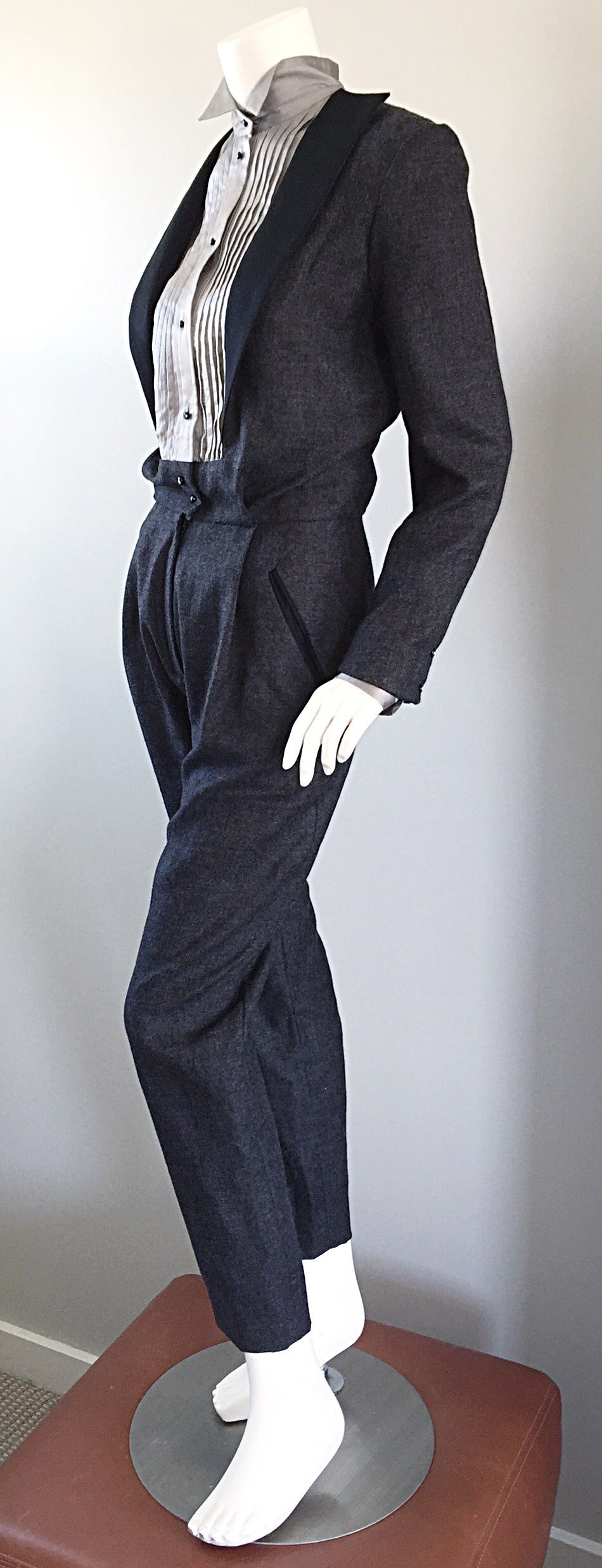 Rare Early Alberta Ferretti Charcoal Gray Vintage Tuxedo Jumpsuit In Excellent Condition In San Diego, CA