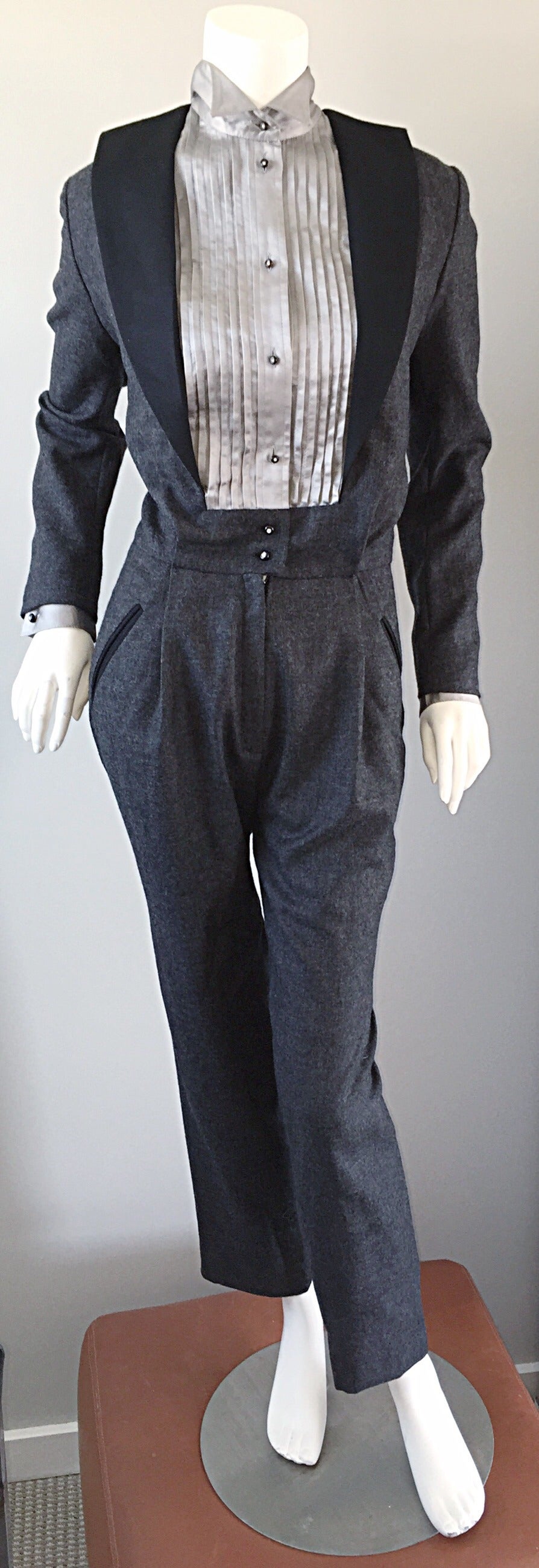 Women's Rare Early Alberta Ferretti Charcoal Gray Vintage Tuxedo Jumpsuit
