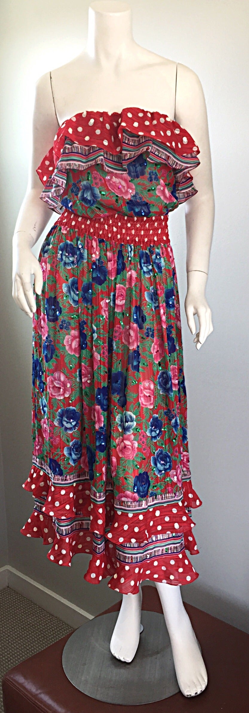 Vintage Diane Fres Flowers + Polka Dots Strapless Ruffle Boho Dress & Sash In Excellent Condition In San Diego, CA