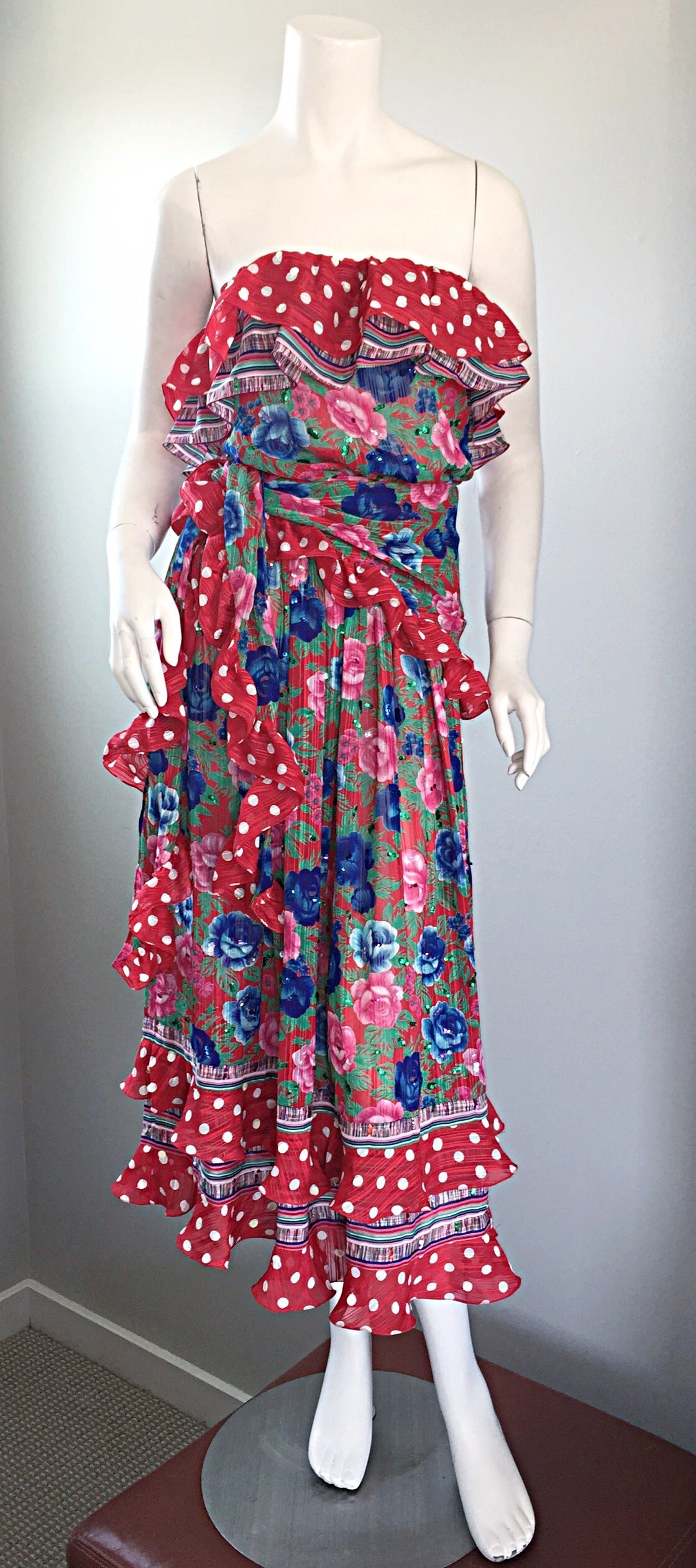 Women's Vintage Diane Fres Flowers + Polka Dots Strapless Ruffle Boho Dress & Sash