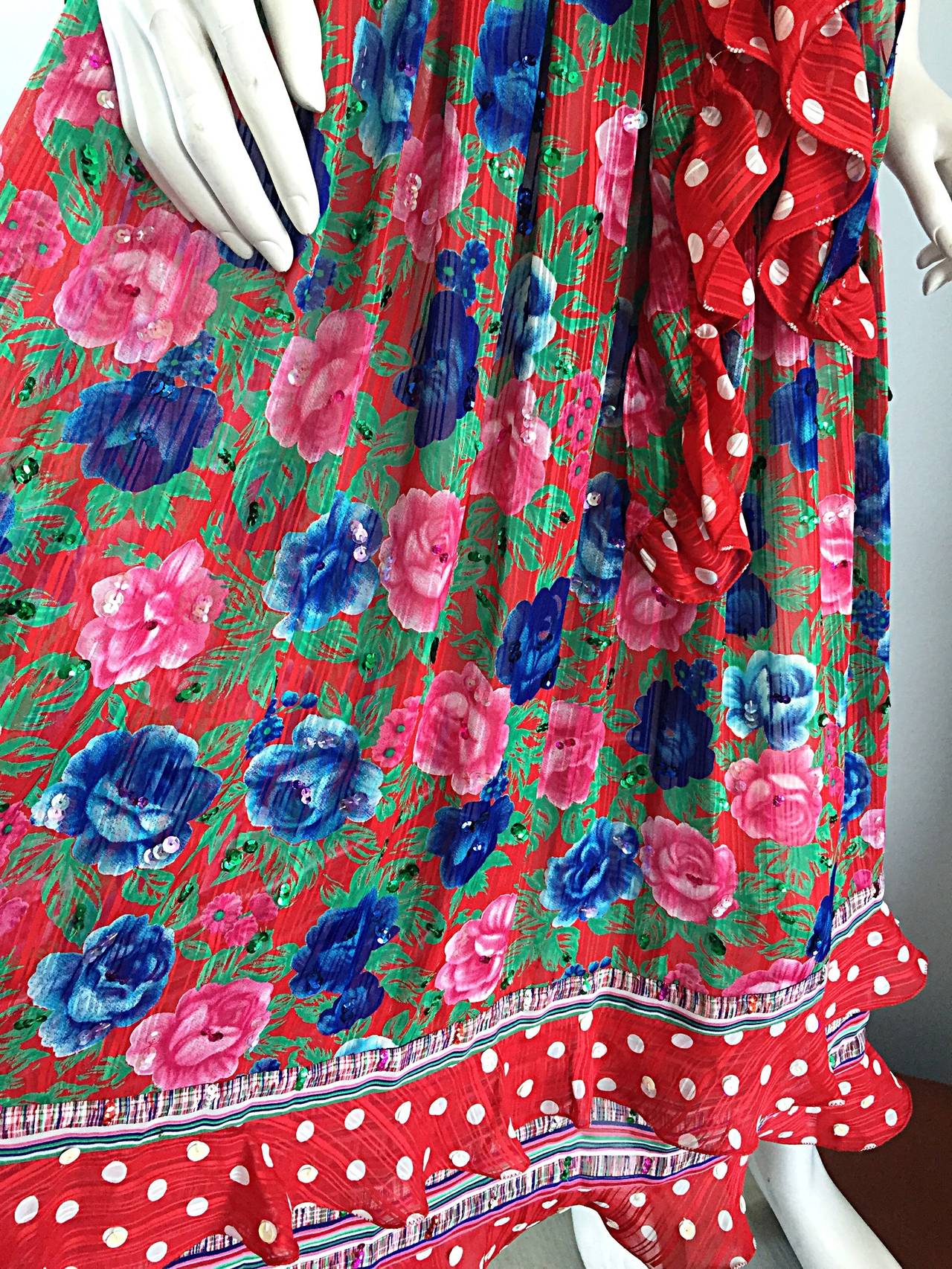 Vintage Diane Fres Flowers + Polka Dots Strapless Ruffle Boho Dress & Sash 1