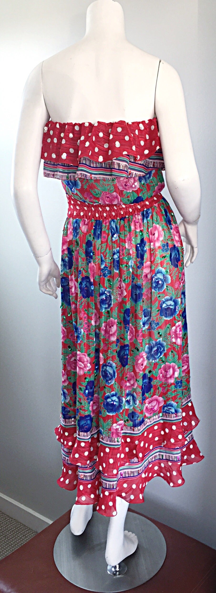 Vintage Diane Fres Flowers + Polka Dots Strapless Ruffle Boho Dress & Sash 2