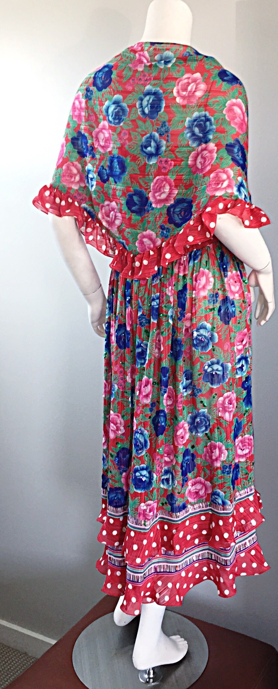 Vintage Diane Fres Flowers + Polka Dots Strapless Ruffle Boho Dress and ...