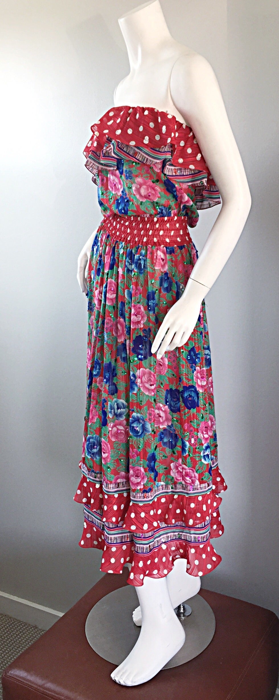 Vintage Diane Fres Flowers + Polka Dots Strapless Ruffle Boho Dress & Sash 4