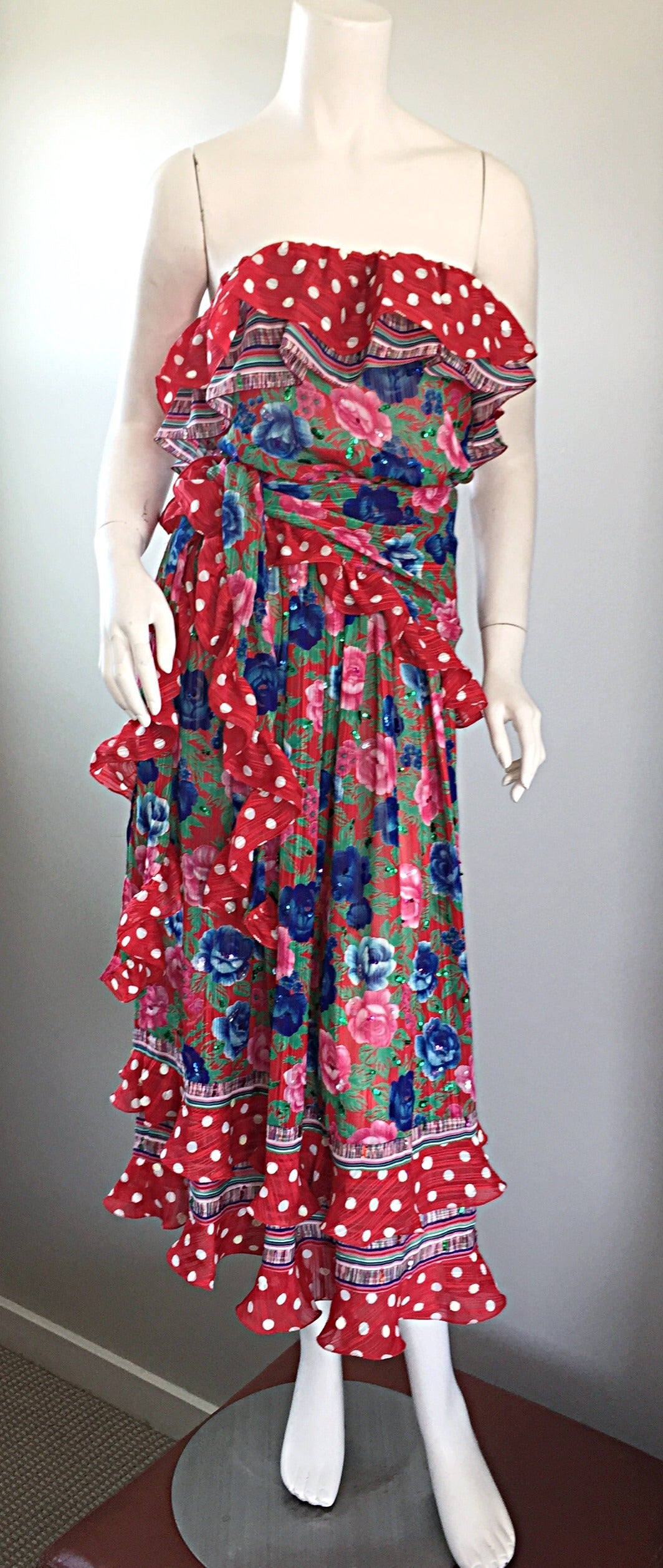 Vintage Diane Fres Flowers + Polka Dots Strapless Ruffle Boho Dress & Sash 5