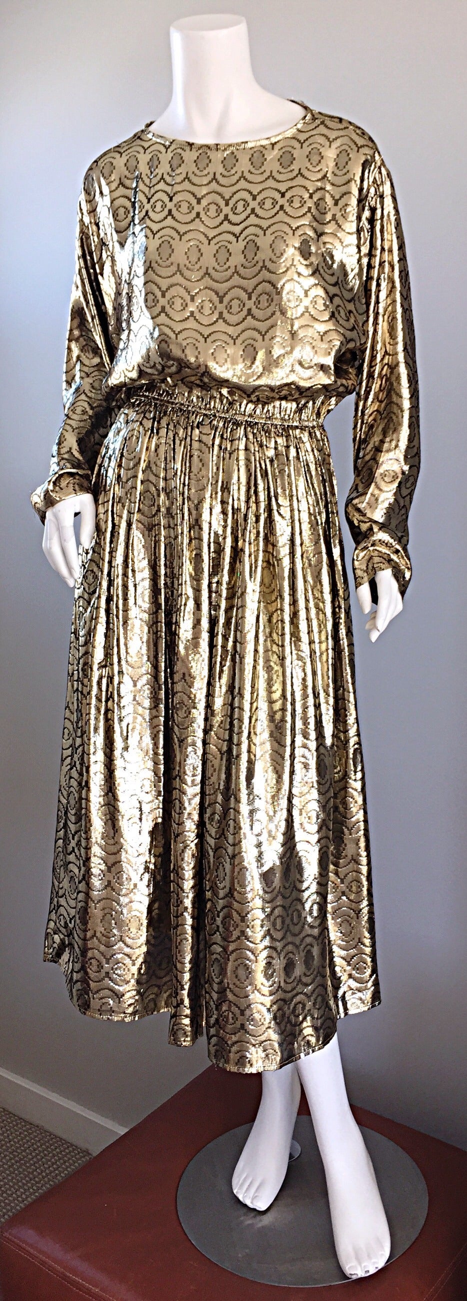 Women's Amazing Vintage ' Liquid Gold ' Slinky Long Dolman Sleeve Belted Disco Dress