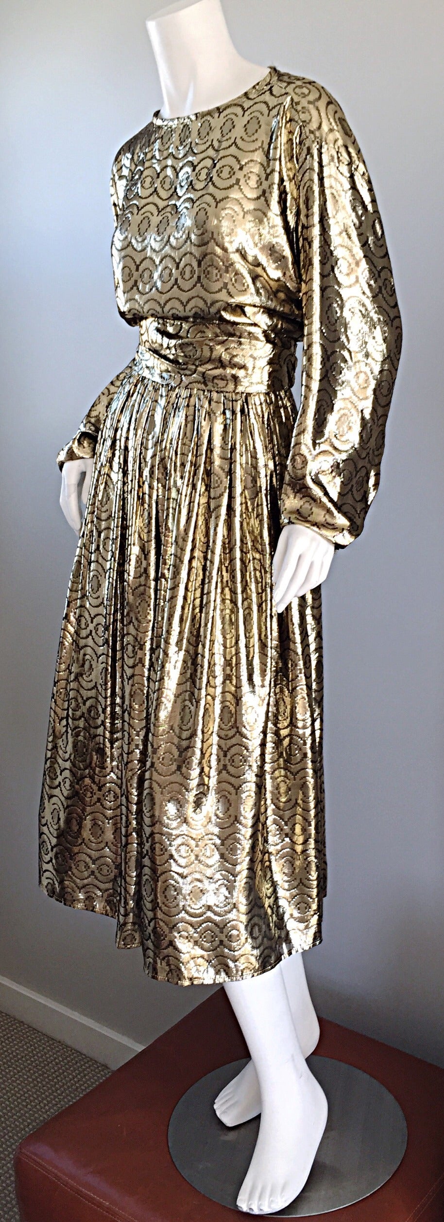 Amazing Vintage ' Liquid Gold ' Slinky Long Dolman Sleeve Belted Disco Dress 1