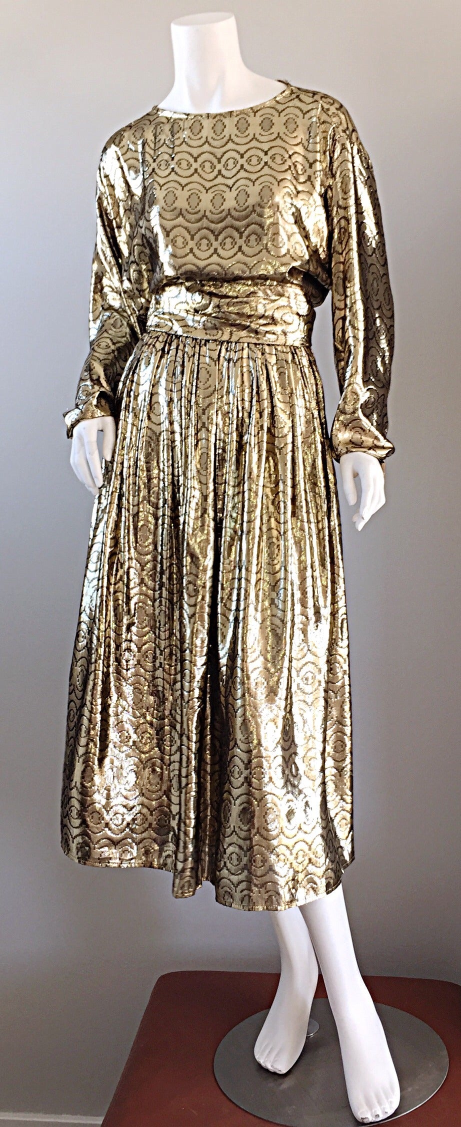 Amazing Vintage ' Liquid Gold ' Slinky Long Dolman Sleeve Belted Disco Dress 2