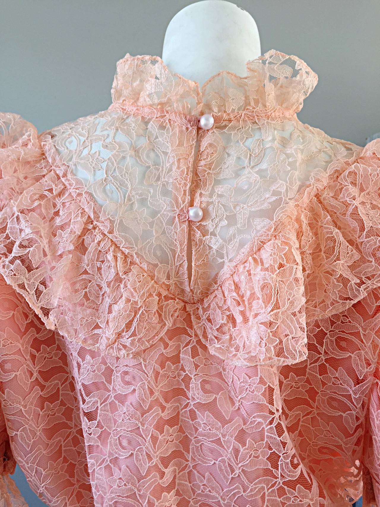 Beige Victorian Revival Pink Lace 1970s 70s Vintage Bohemian Peplum Blouse