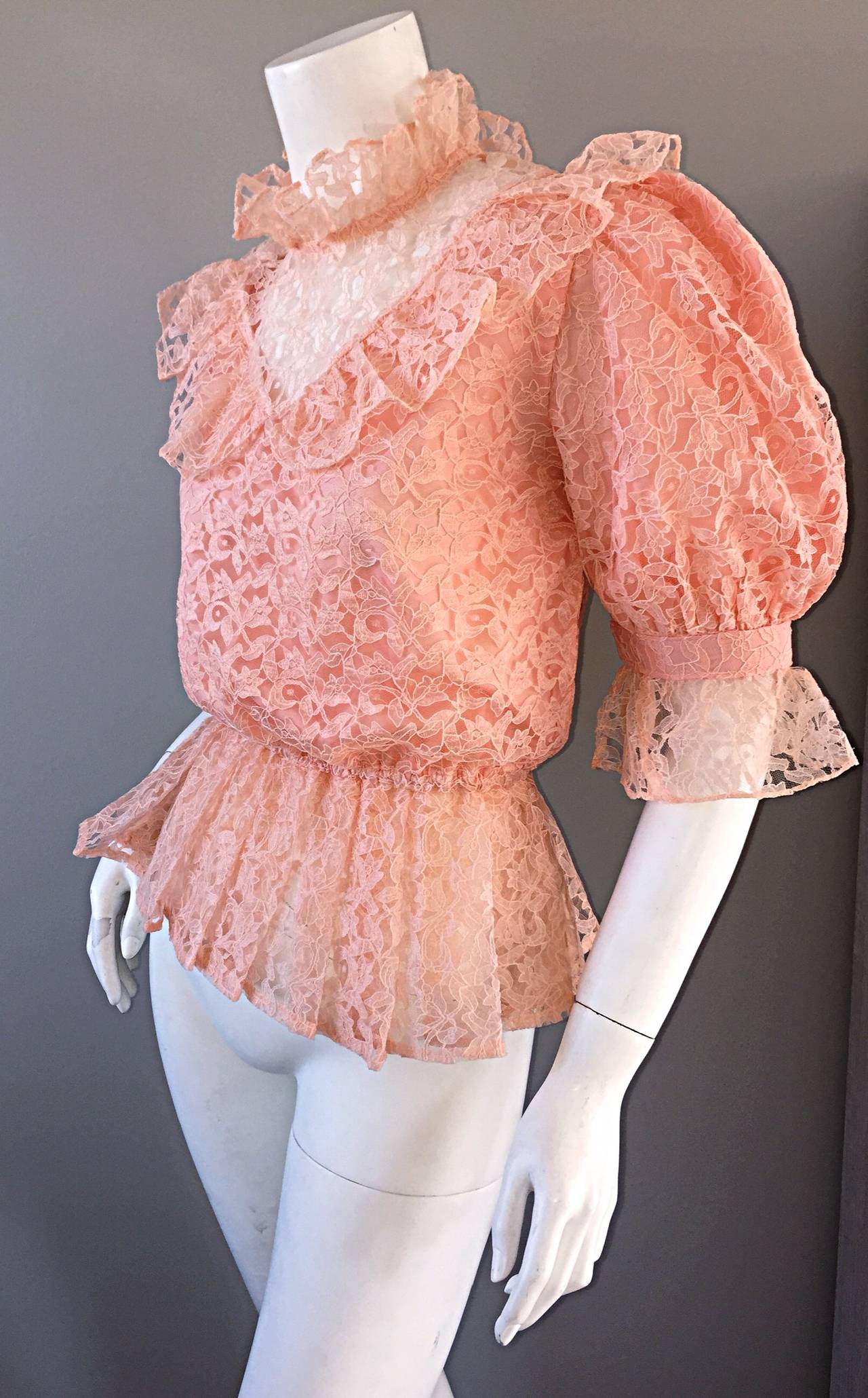 Victorian Revival Pink Lace 1970s 70s Vintage Bohemian Peplum Blouse In Excellent Condition In San Diego, CA