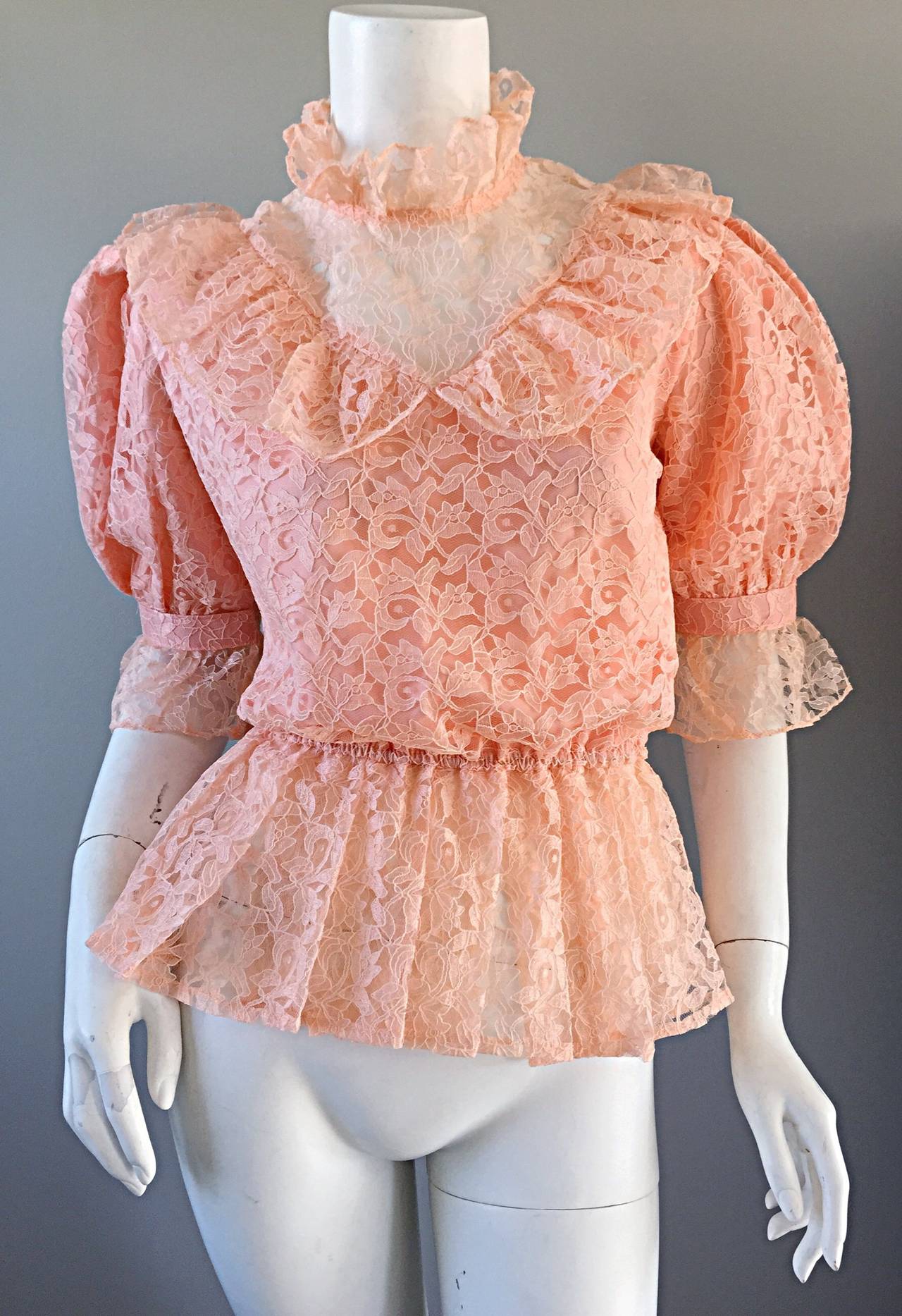 Women's Victorian Revival Pink Lace 1970s 70s Vintage Bohemian Peplum Blouse
