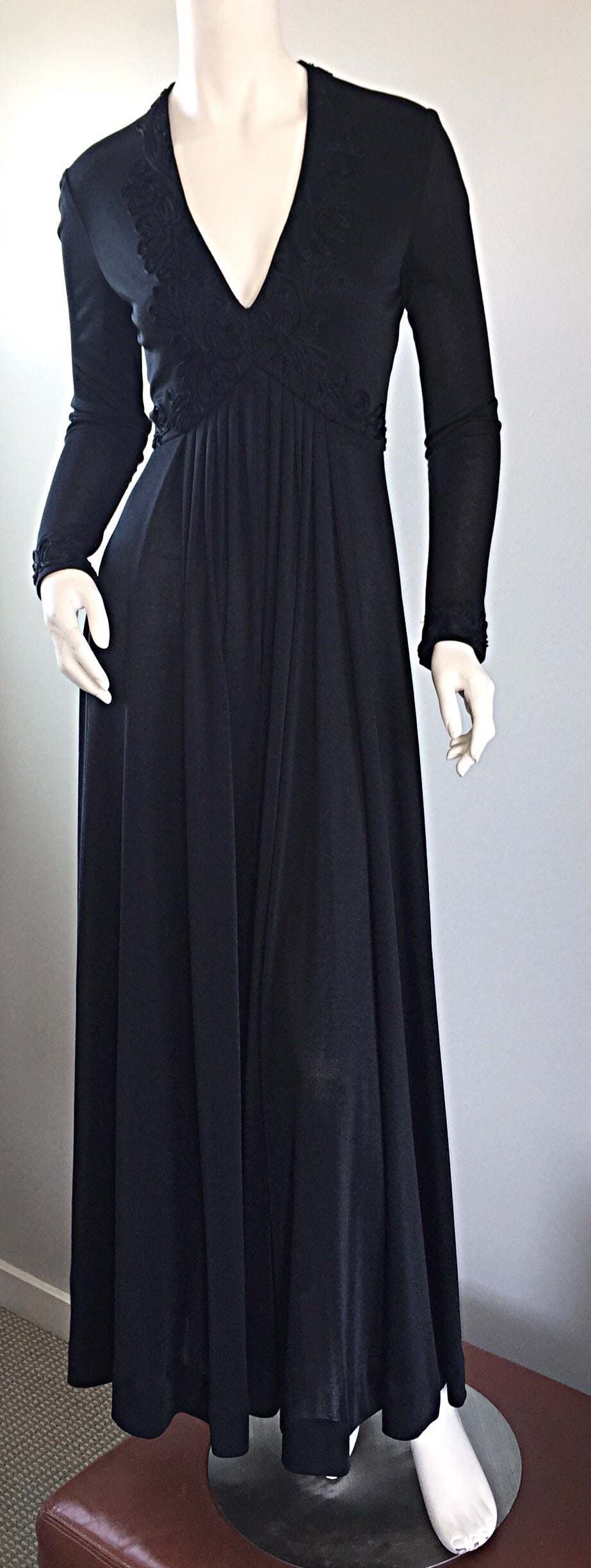 Vintage Jack Bryan Black Jersey Maxi Dress w/ Intricate Embroidery 1970s 70s For Sale 5