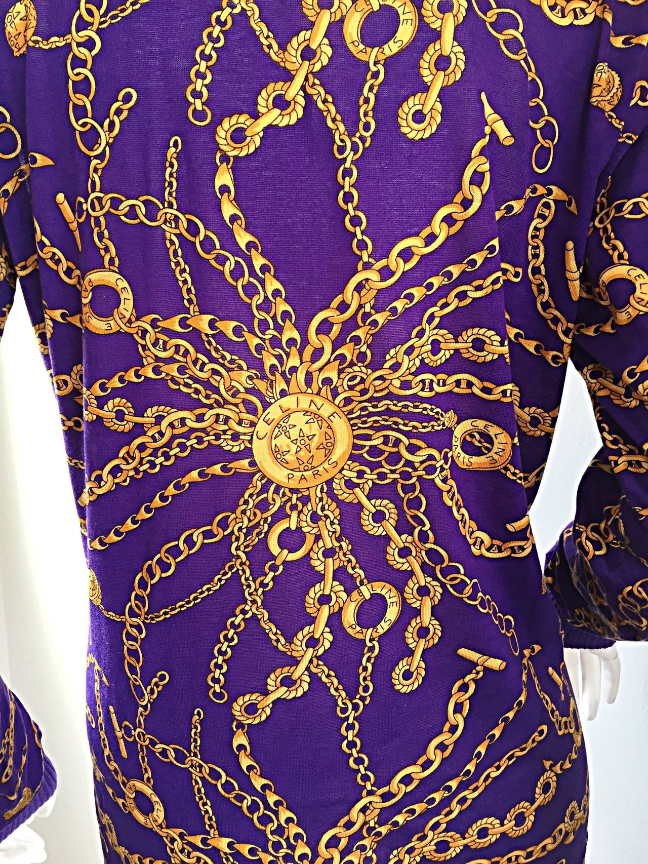 Celine Purple + Gold Long Sleeve Vintage Cotton Top Blouse w/ Chain Print In Excellent Condition In San Diego, CA