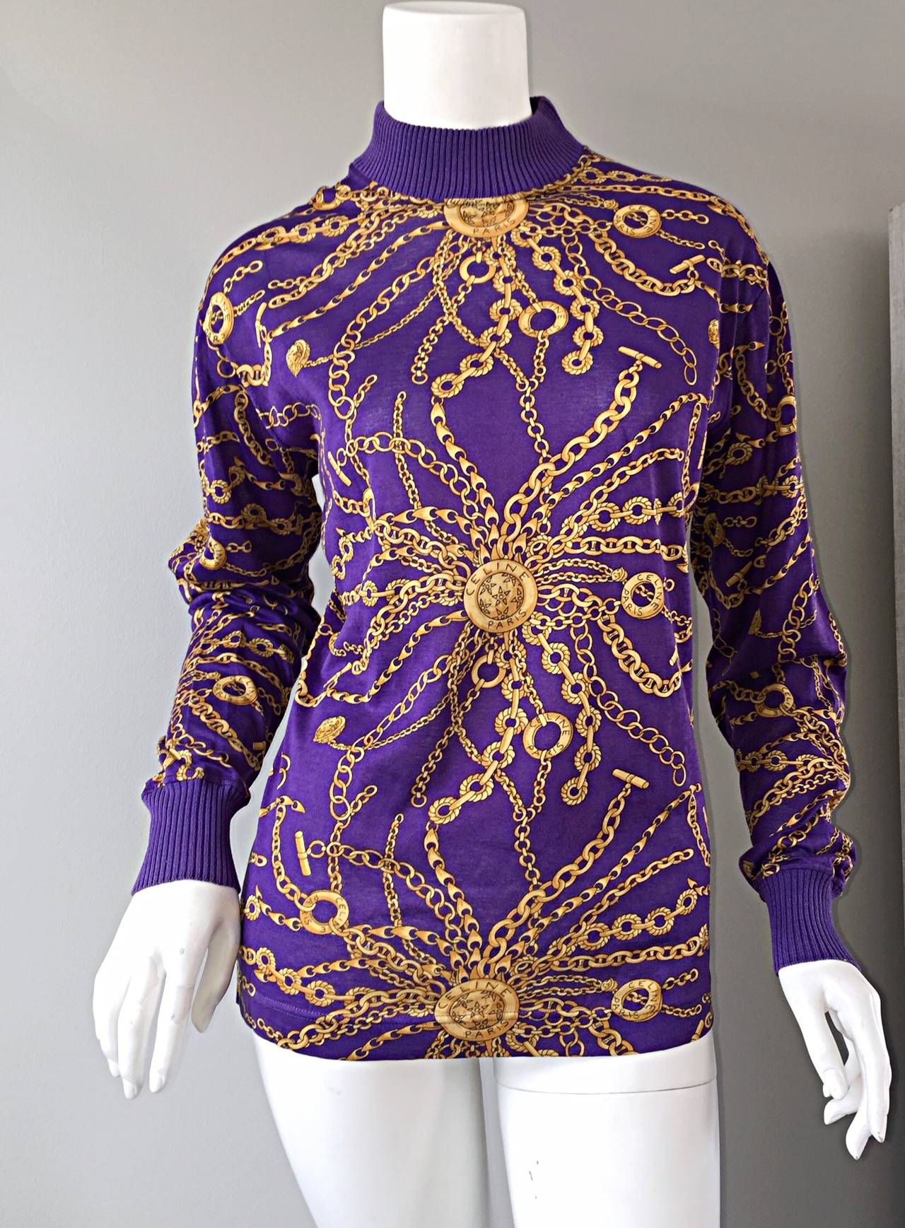 Women's Celine Purple + Gold Long Sleeve Vintage Cotton Top Blouse w/ Chain Print