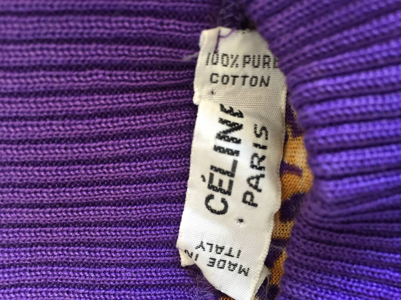 Celine Purple + Gold Long Sleeve Vintage Cotton Top Blouse w/ Chain Print 1