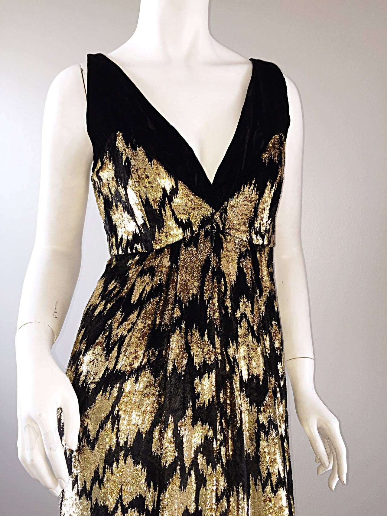 Gorgeous Vintage RIchilene Black + Gold Metallic Silk Velvet Gown 2