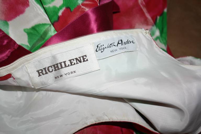 Brown Gorgeous Vintage Richilene for Elizabeth Arden Pink Floral Watercolor Gown For Sale
