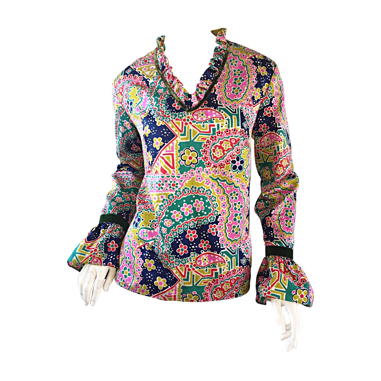 Psychedelic 1970s 70s Paisley + Floral Multi - Color Boho Top / Blouse / Tunic For Sale