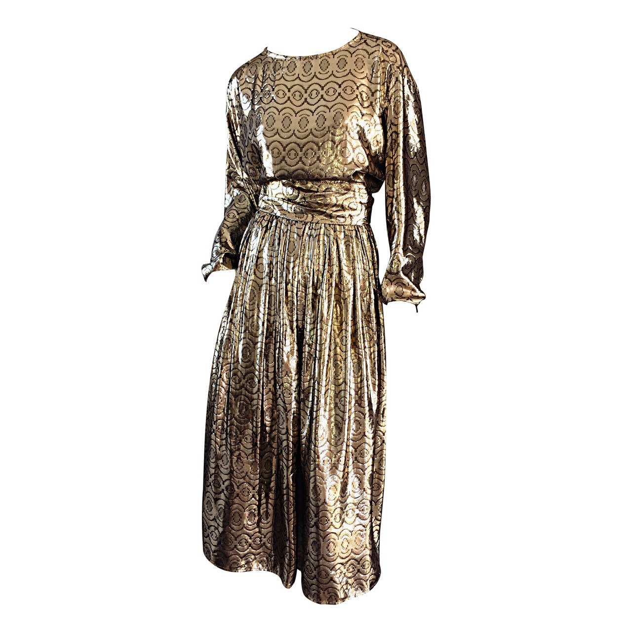 Amazing Vintage ' Liquid Gold ' Slinky Long Dolman Sleeve Belted Disco Dress