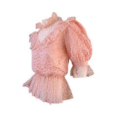 Victorian Revival Pink Lace 1970s 70s Vintage Bohemian Peplum Blouse