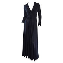 Retro Jack Bryan Black Jersey Maxi Dress w/ Intricate Embroidery 1970s 70s