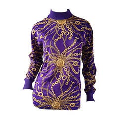 Celine Purple + Gold Long Sleeve Vintage Cotton Top Blouse w/ Chain Print 4
