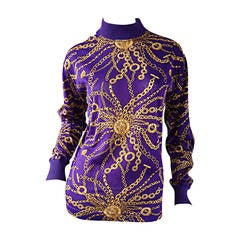 Celine Purple + Gold Long Sleeve Vintage Cotton Top Blouse w/ Chain Print