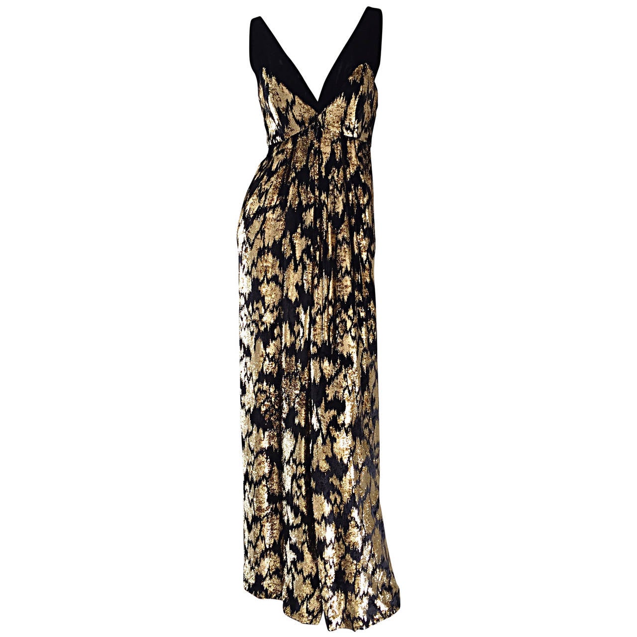 Gorgeous Vintage RIchilene Black + Gold Metallic Silk Velvet Gown