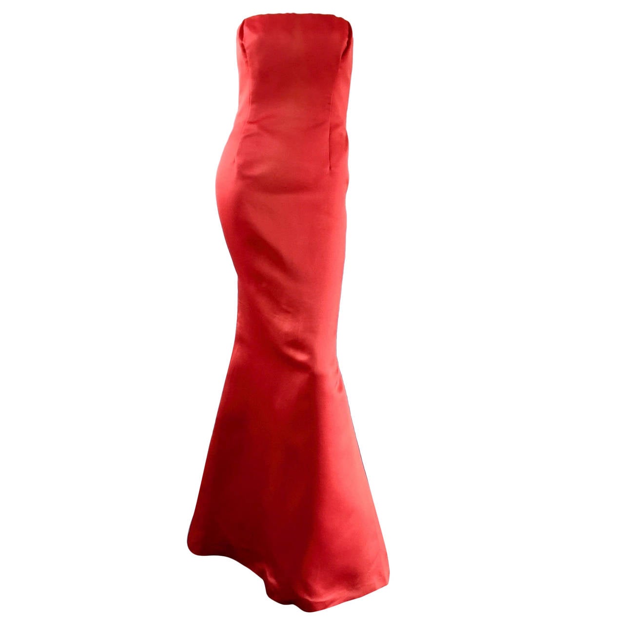 Impresionante vestido de sirena de seda sin tirantes rojo carmín vintage de Bill Blass en venta