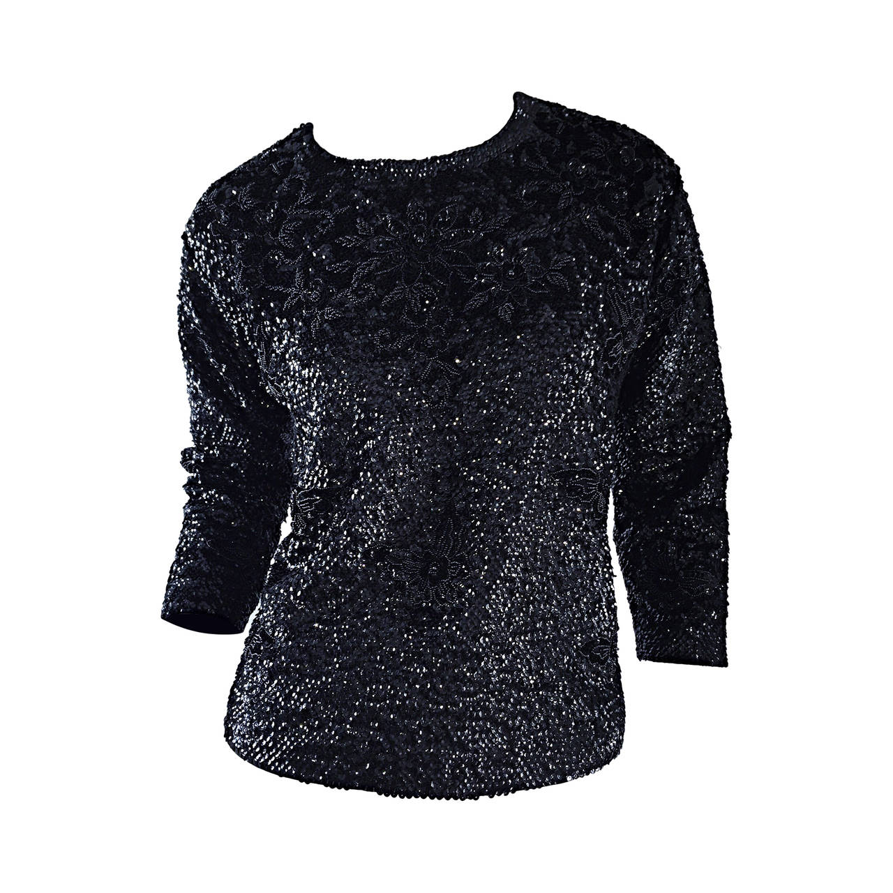 Beautiful 1950s 50s Black Vintage Sequin Beaded Wool Sweater For Sale