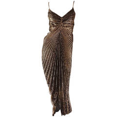 Sexy 1970s 70s Metallic Bronze Pleated Vintage Disco Dress