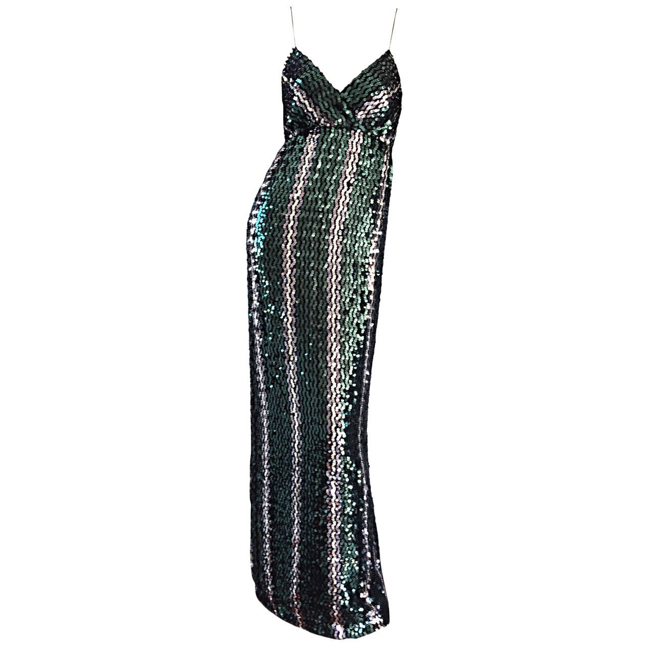 Vintage Lillie Rubin Green + Silver Sequins Sexy 1970s 70s Disco Dress