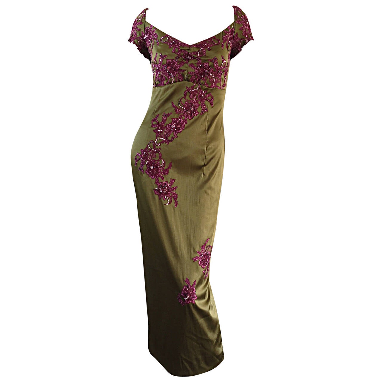 Beautiful Mandalay Chartreuse Merlot Sz 6 Silk Bombshell Dress w/ Beading & Lace