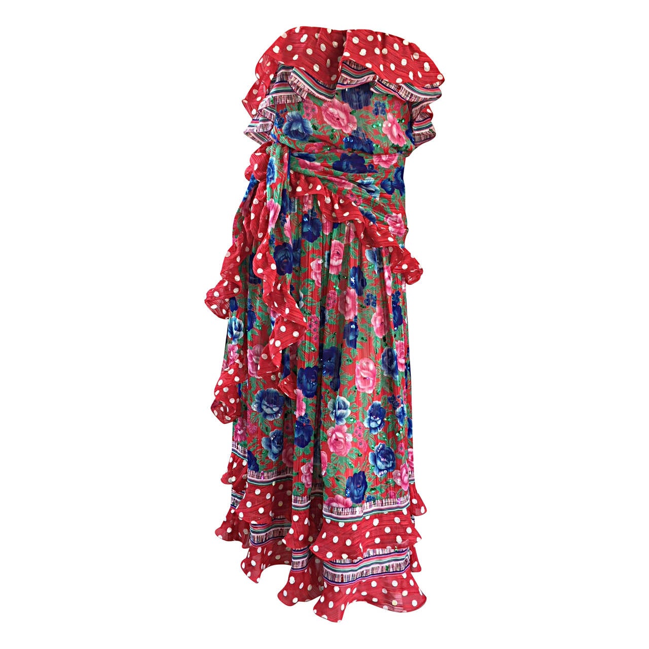 Vintage Diane Fres Flowers + Polka Dots Strapless Ruffle Boho Dress & Sash