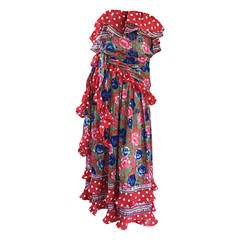 Retro Diane Fres Flowers + Polka Dots Strapless Ruffle Boho Dress & Sash