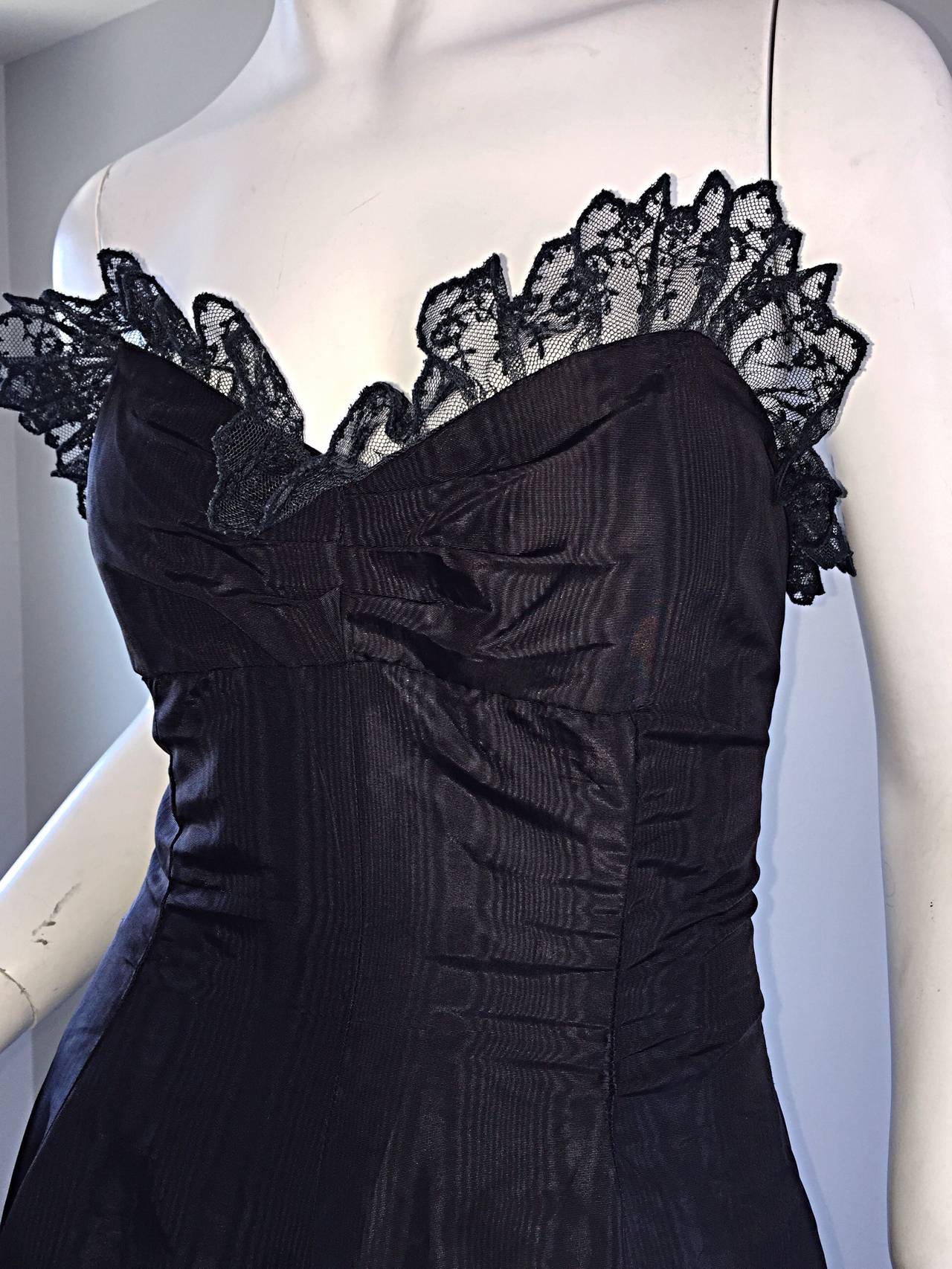 1950s 50s Black Silk Taffeta + Lace Strapless " New Look " Vintage Dress