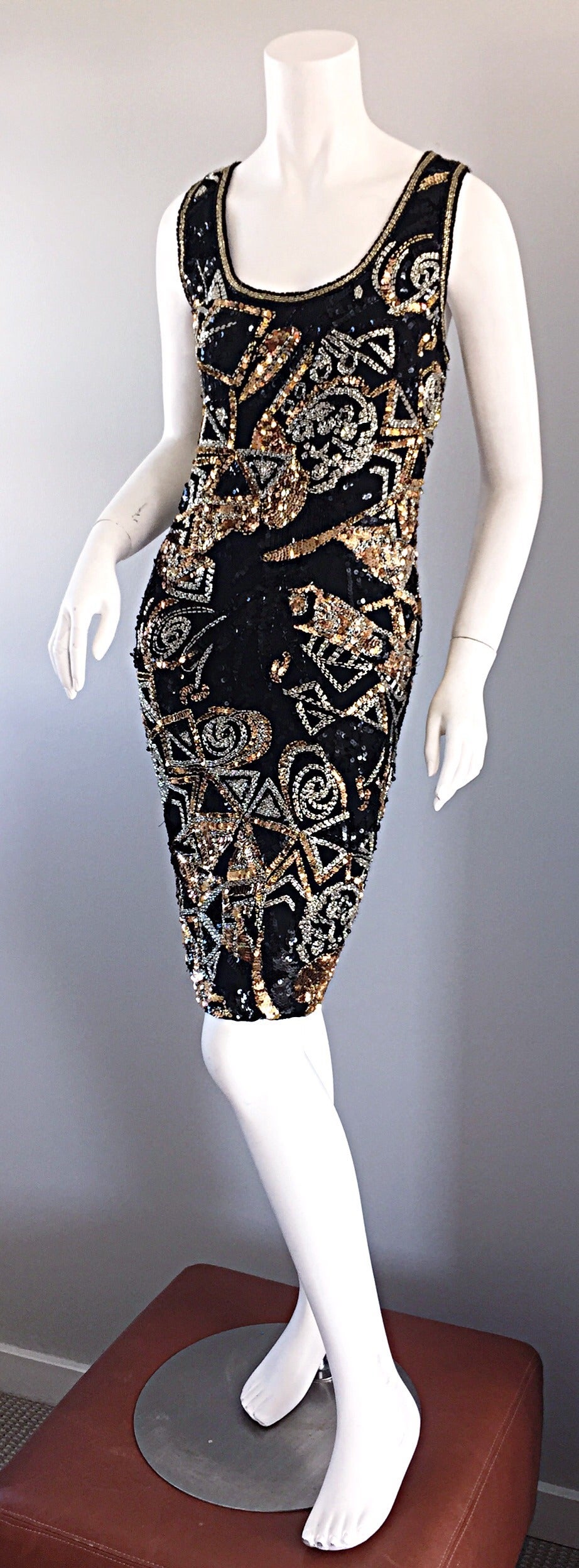 Fantastic Vintage Oleg Cassini Black + Silver + Gold Sequin ' Galaxy ' Dress In Excellent Condition In San Diego, CA