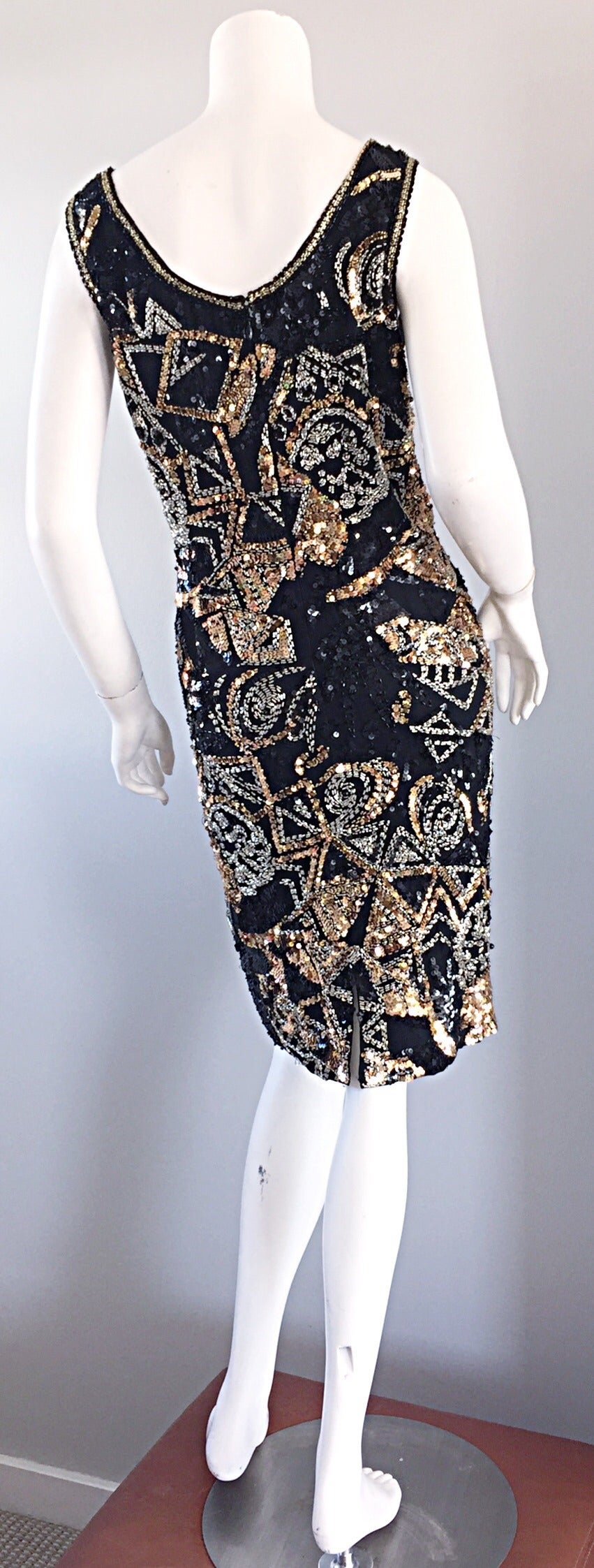 Fantastic Vintage Oleg Cassini Black + Silver + Gold Sequin ' Galaxy ' Dress 2