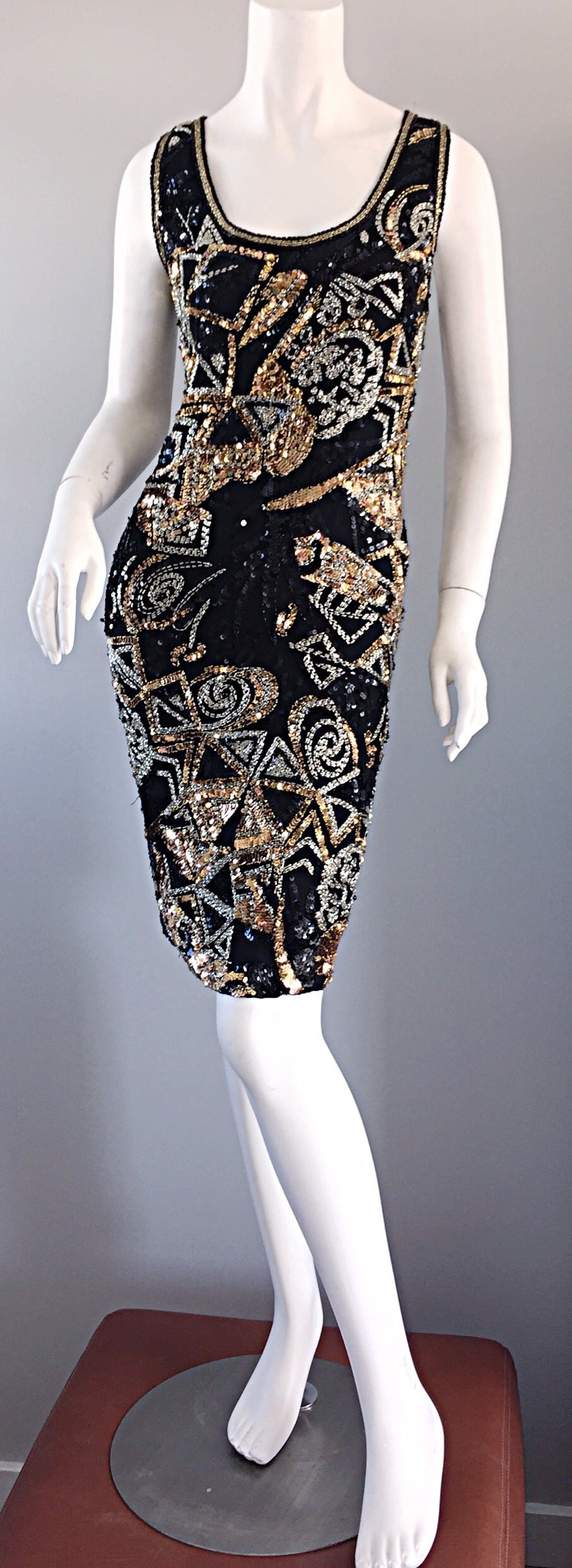 Fantastic Vintage Oleg Cassini Black + Silver + Gold Sequin ' Galaxy ' Dress 3