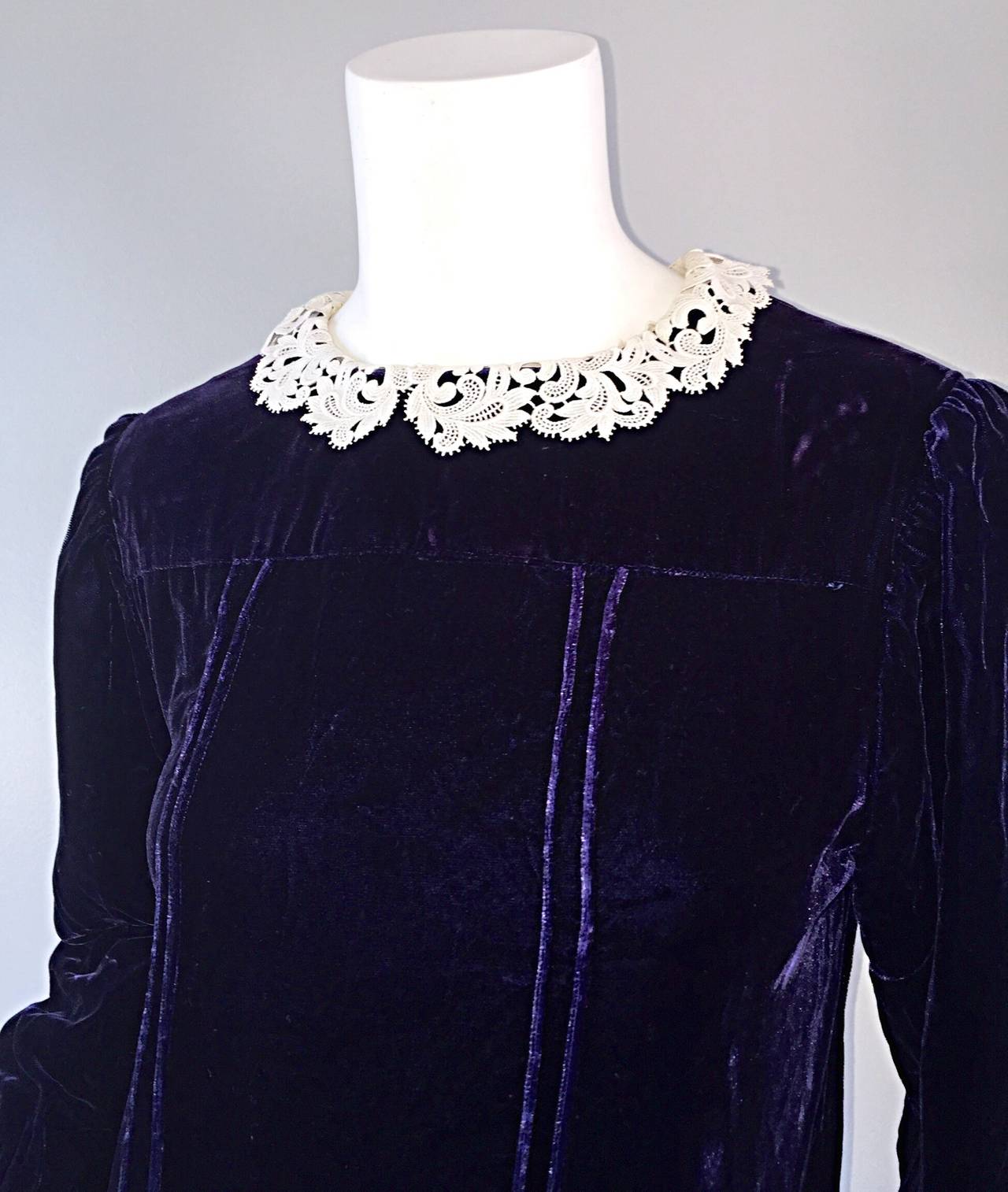 Chic AND rare 1920s regal dark purple / eggplant silk velvet flapper dress! Chic drop waist, with intricate folding and pleating detail. Buttons up the back, with two buttons at each cuff. Looks great on! Couture-like craftmanship, with heavy